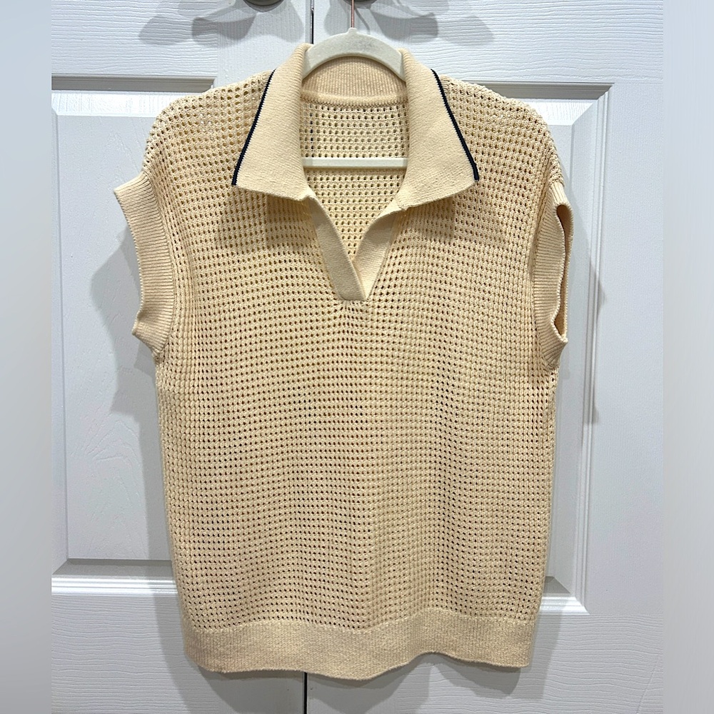Knit Cream Short Sleeve Collared Sweater